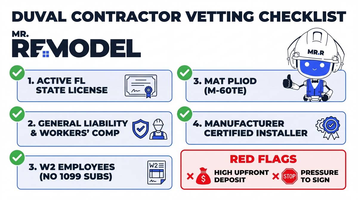 A contractor vetting checklist infographic for Jacksonville homeowners, detailing essential criteria like W2 employees and FL state licensing to avoid red flags like high upfront deposits.